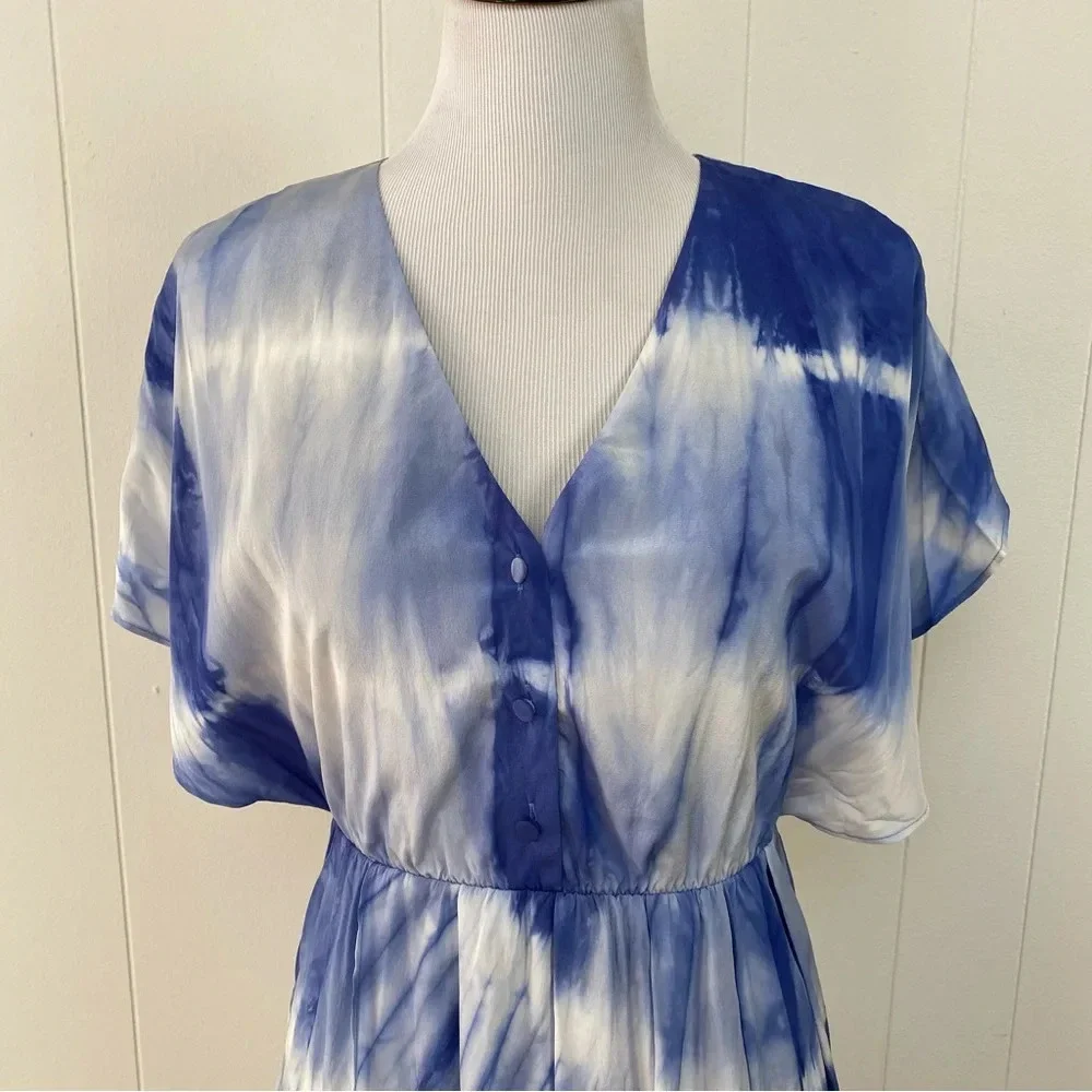Alice‎ + Olivia Size XS Silk Tie Dye Cloud Print Flowy Button Dress Blue White